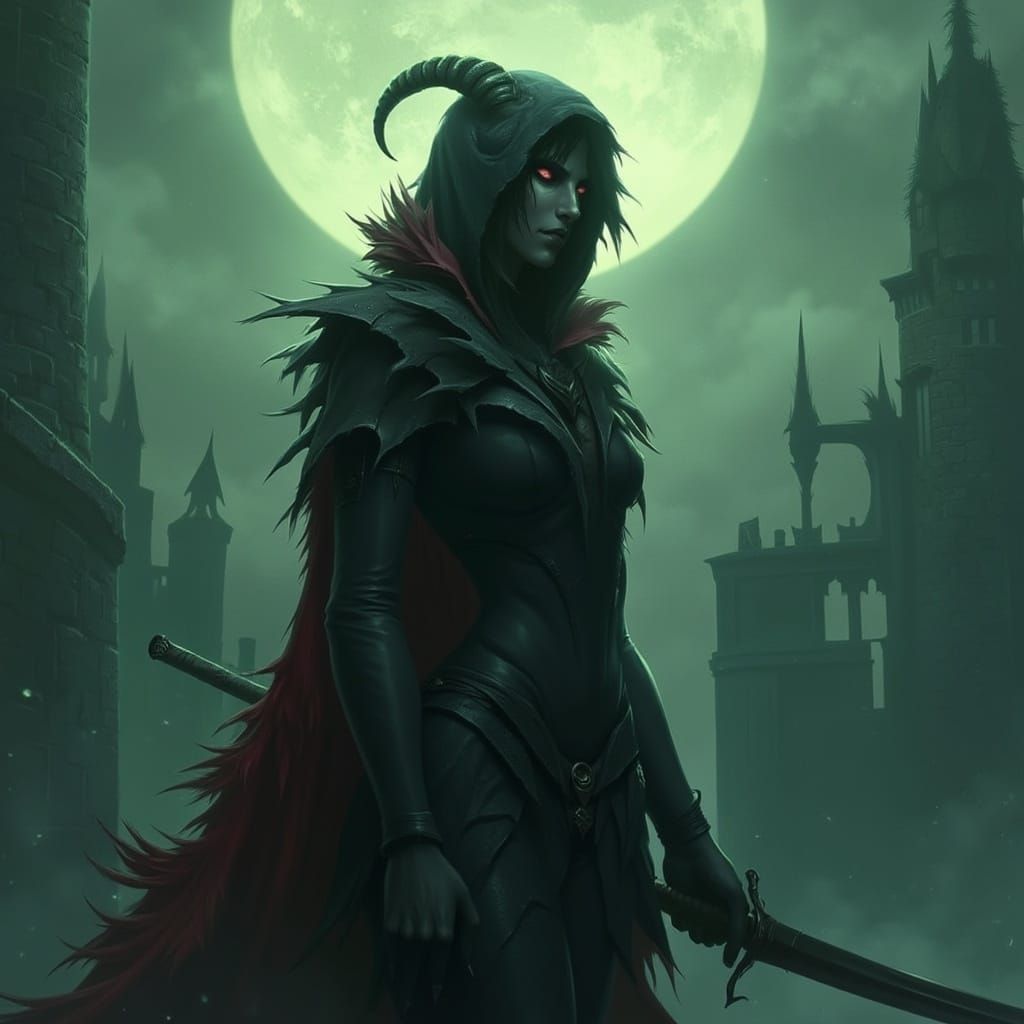 Darkly-Clad Horned Woman Before Moonlit Castle