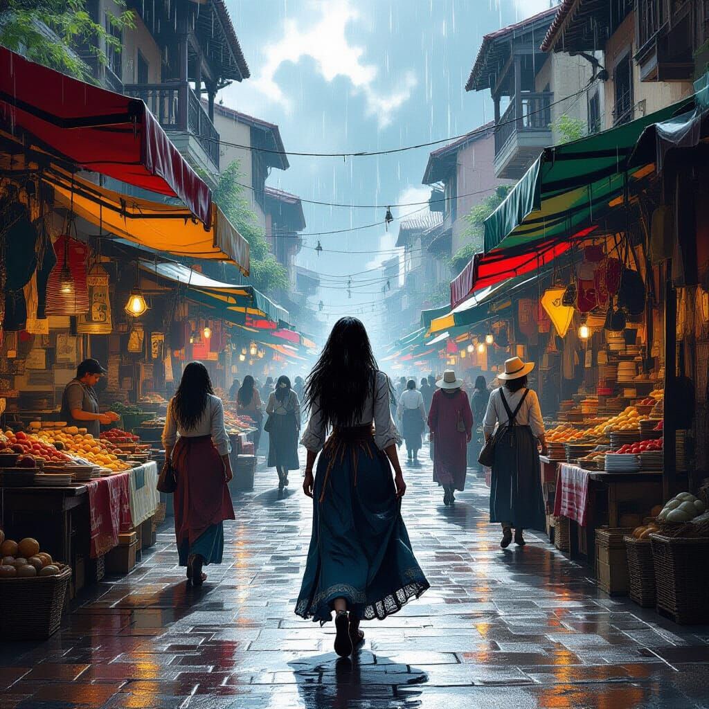 Bustling Marketplace in Summer Rain, Hyperrealistic Style