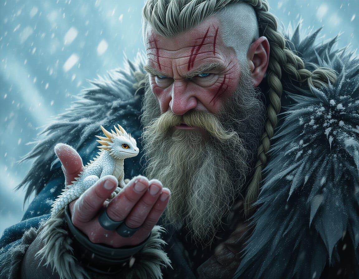 Viking Protects Tiny Dragon in Snowy Storm Matte Painting