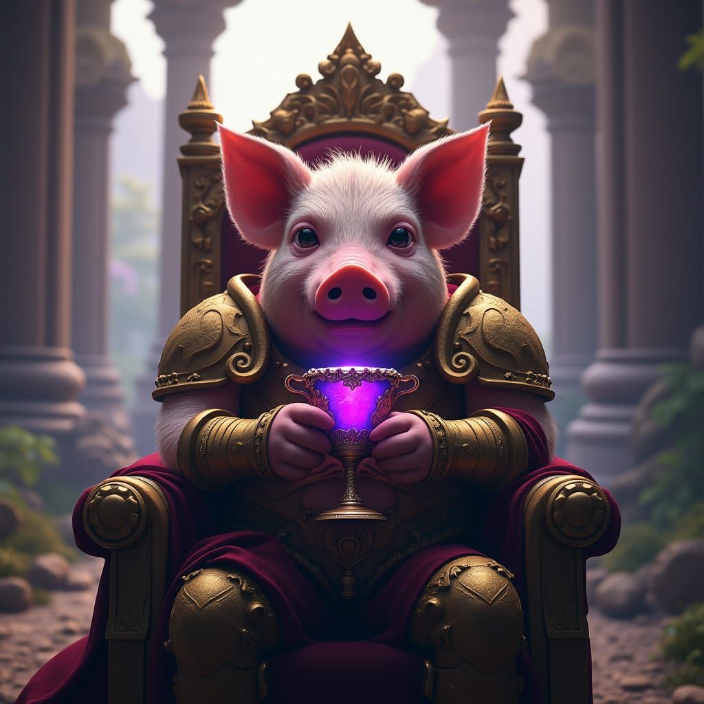 Regal Pig Sips Enchanted Elixir in a Fantastical Realm