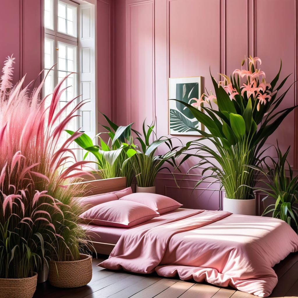 Minimalist Room with Bed and Pink Flowers