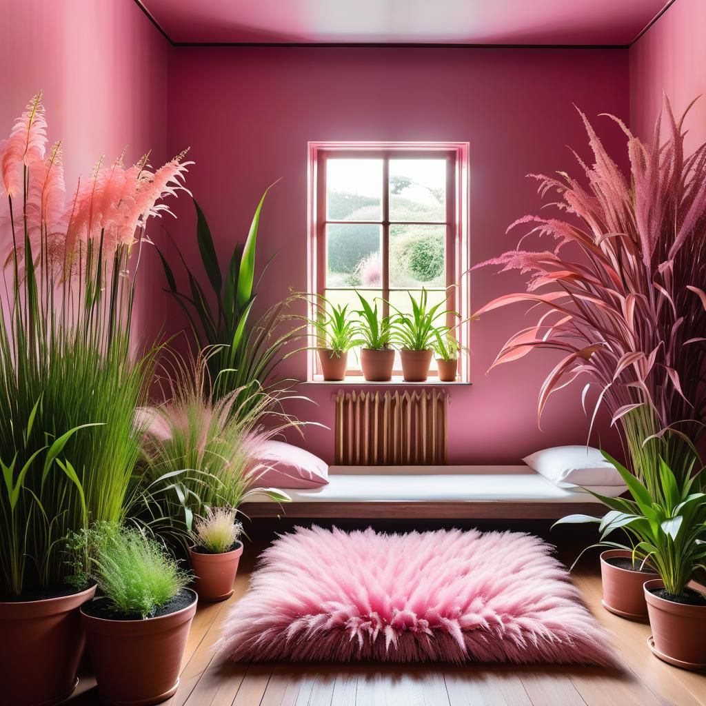 Minimalist Room with Bed and Pink Plants