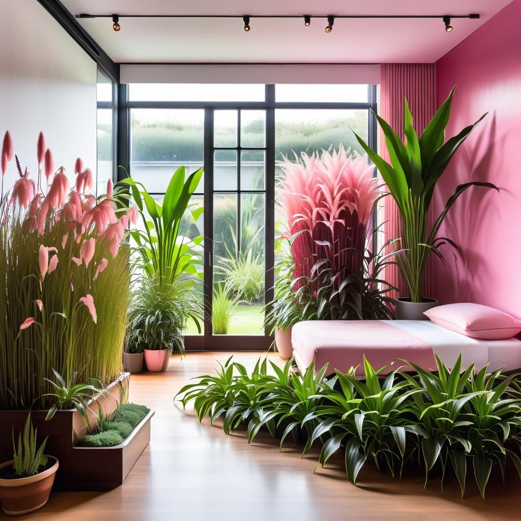 Minimalist Bedroom with Pink Grasses and Lilies