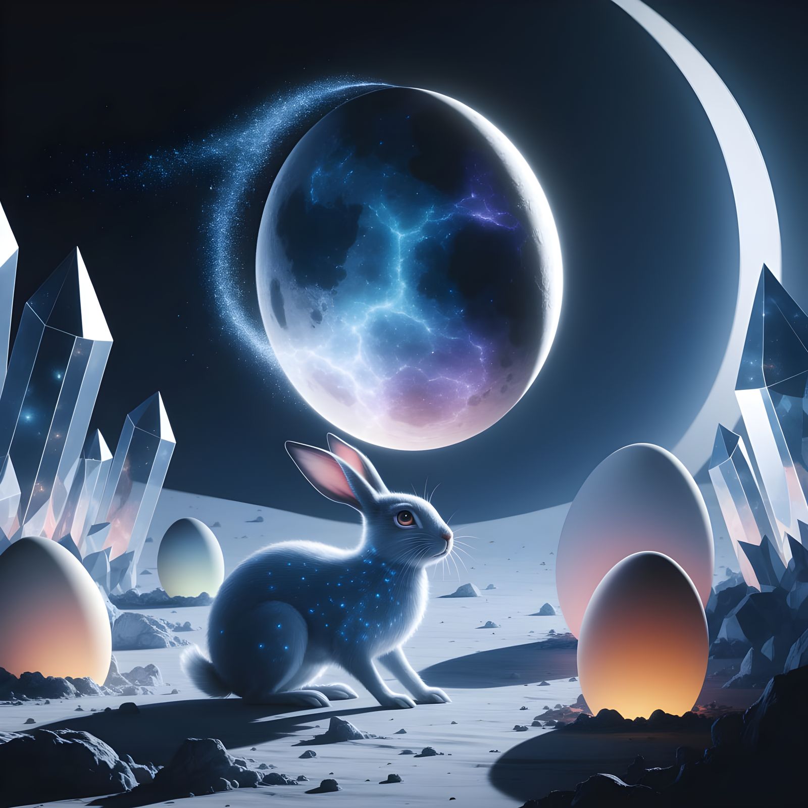 Lunar Guardian of Celestial Eggs in Whimsical Moonlit Landsc...