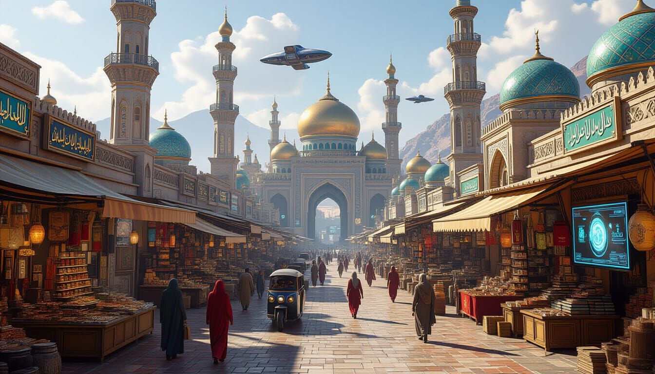 Bustling Market on Terraformed Planet in Photorealistic Styl...