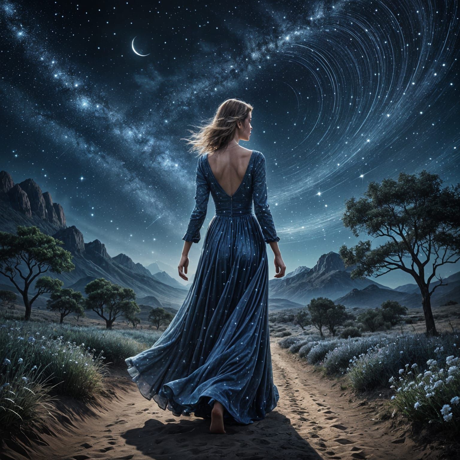 Woman's Beauty Under Starry Night Sky