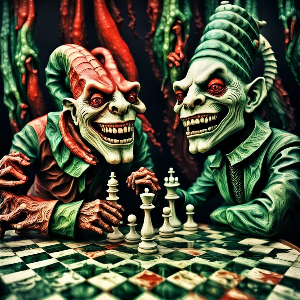 two crazy jesters laughing, H.R. Giger, psychedelic 3D chess game, pale complementary colors red and green, porcelain te...