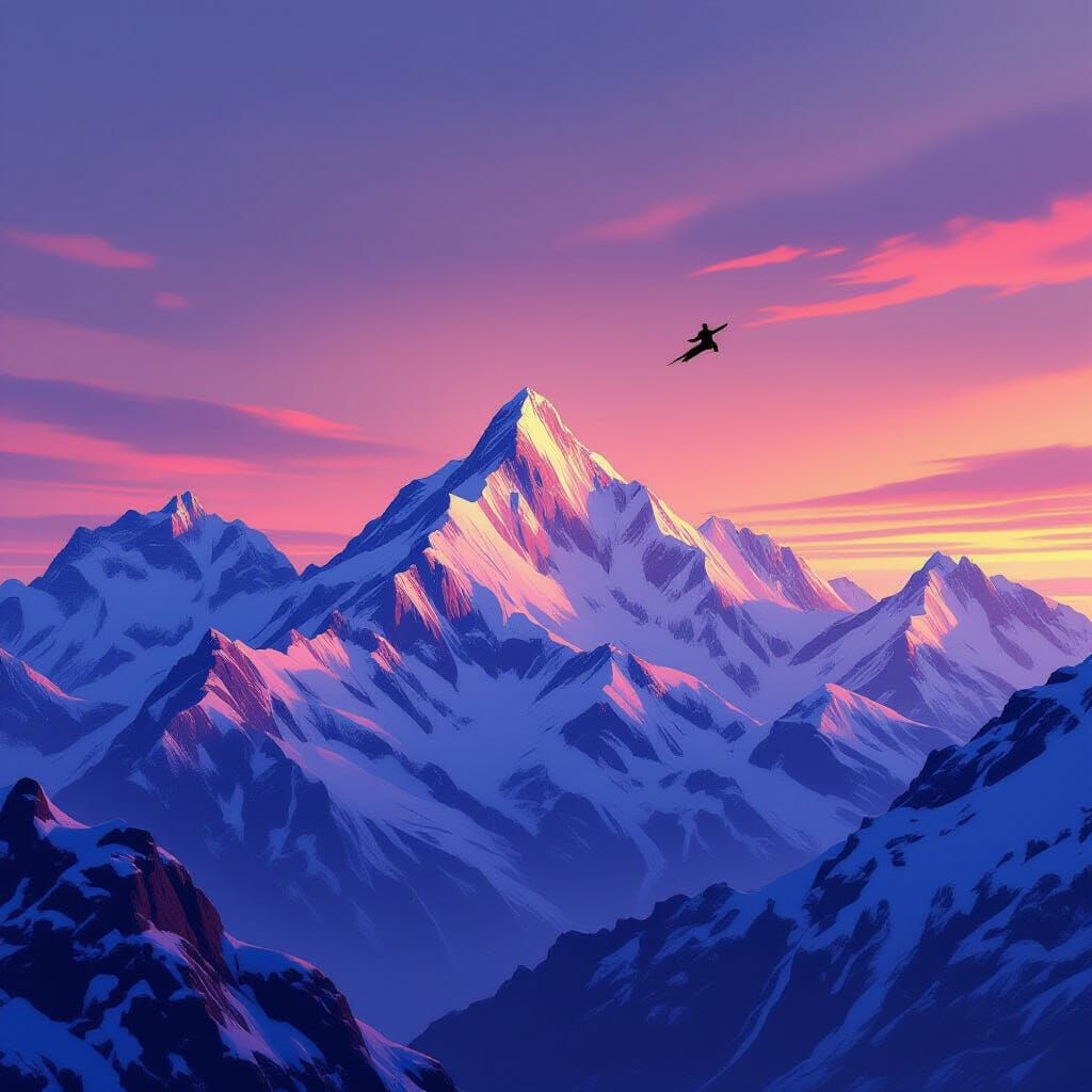 Figure Soaring Over Snow-Capped Mountains at Twilight