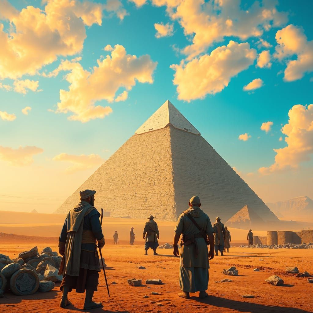 Ancient Pyramid Builders in Vibrant Desert Landscape with Bu...
