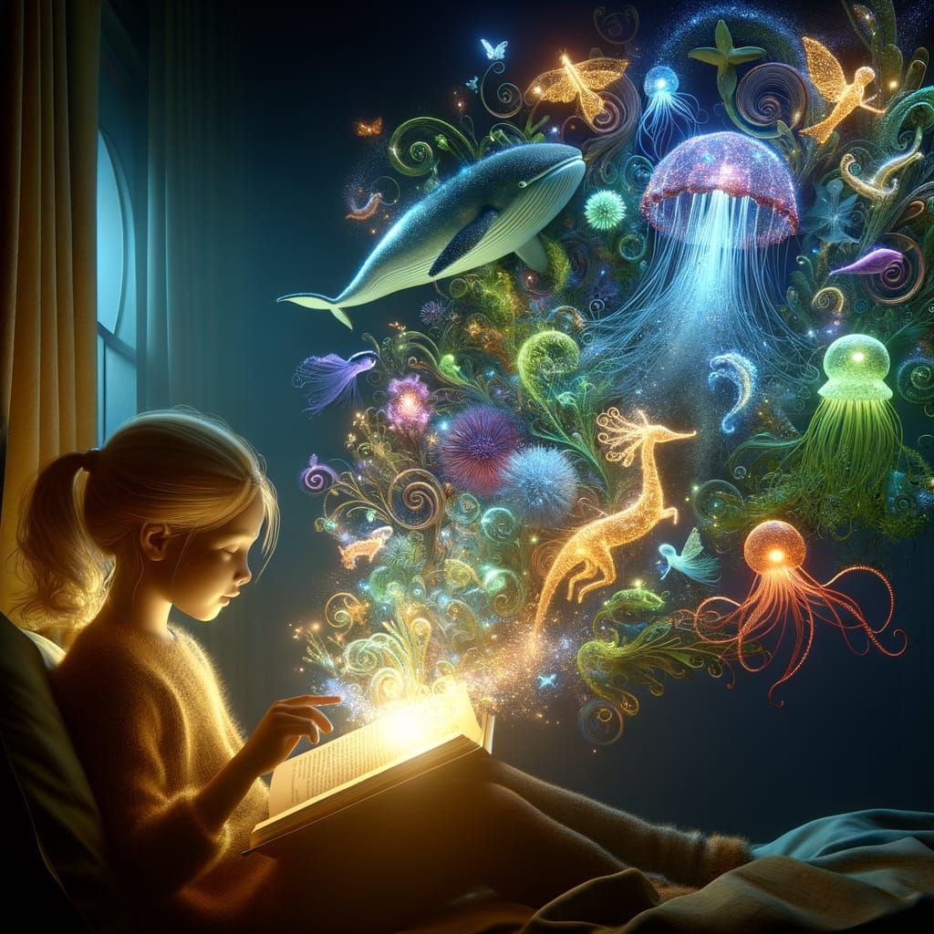 Girl Reading Magical Book with Ethereal Sea Creatures