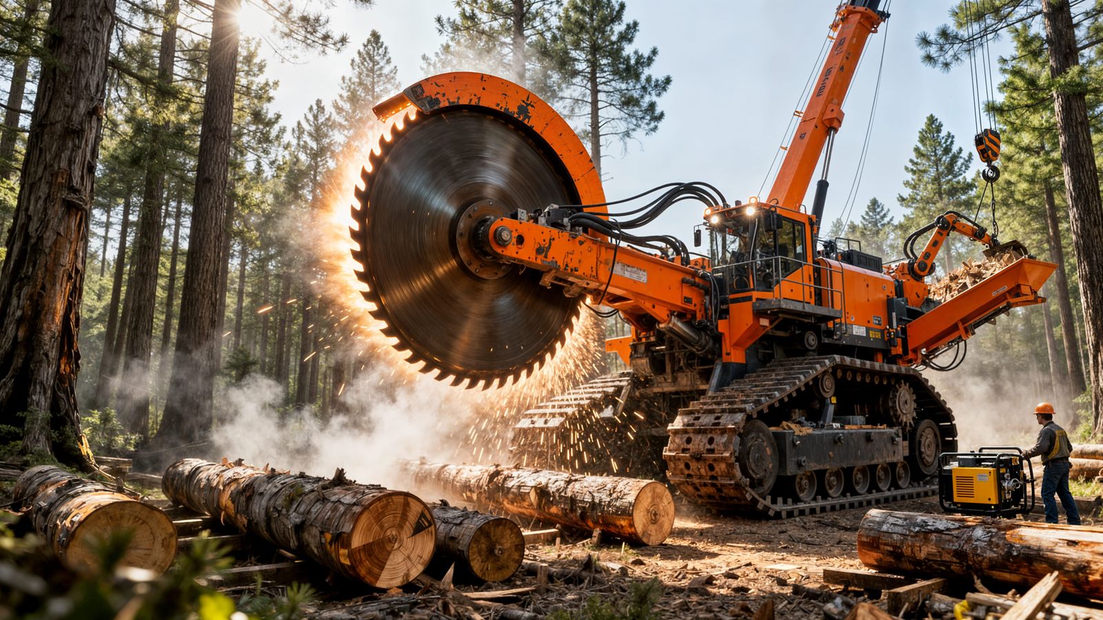 Giant Industrial Saw Cuts Pine Forest in Mythic Scale