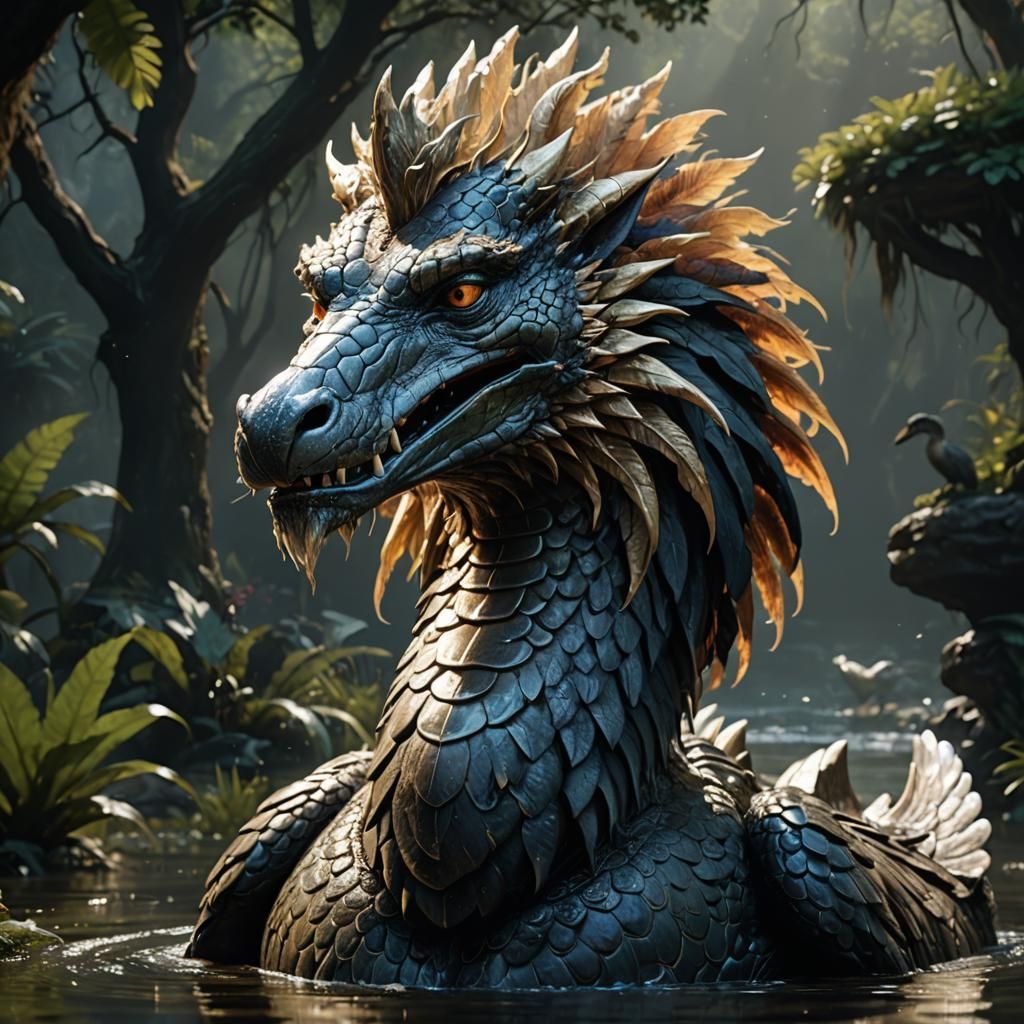 Hybrid Crocodile Lion Swan in Dark Fantasy Style