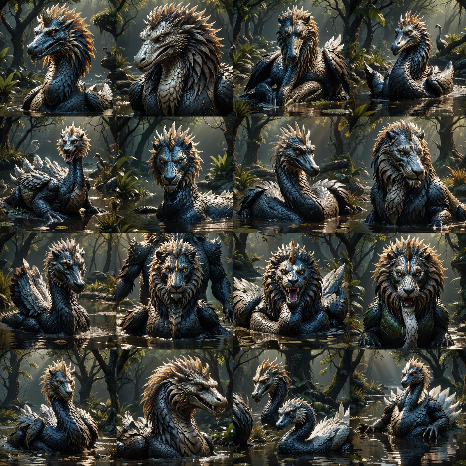 Crocodile-Swan-Lion Hybrid in Dark Fantasy Style