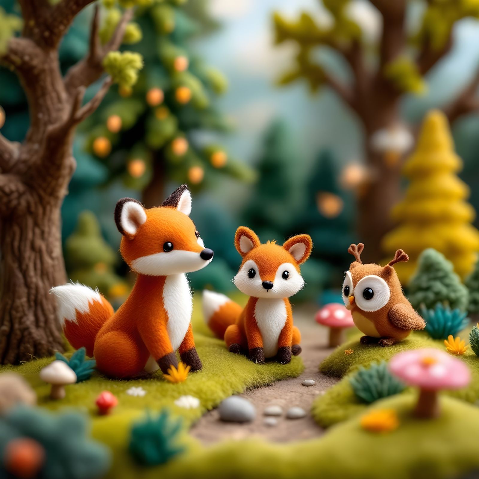 Felt Woodland Diorama with Fox, Deer and Owl