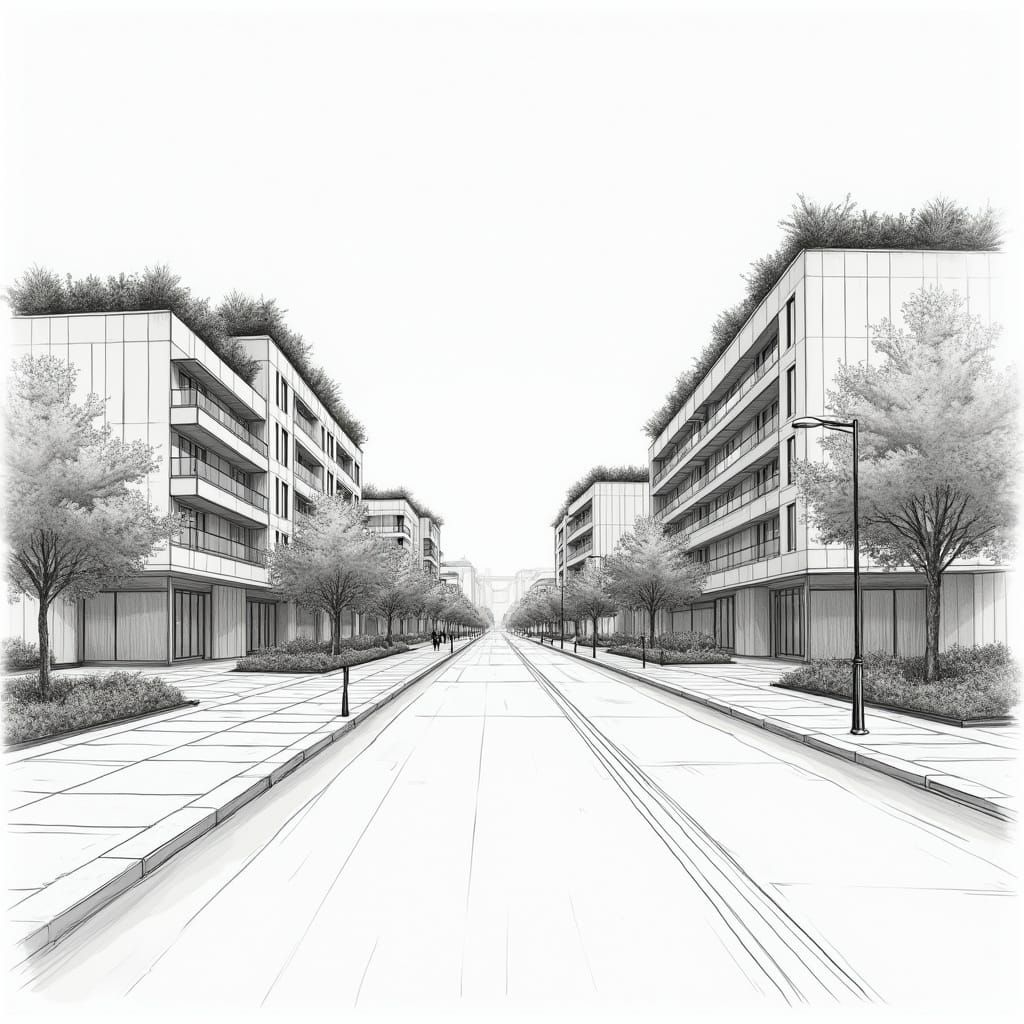 Urban Street Scene: Architectural Pencil Sketch