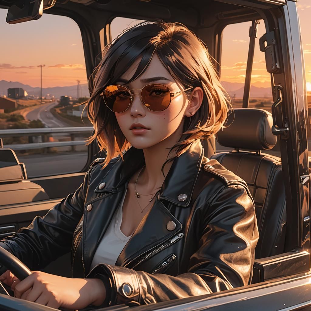 Anime Girl Driving Semi-Truck at Sunset