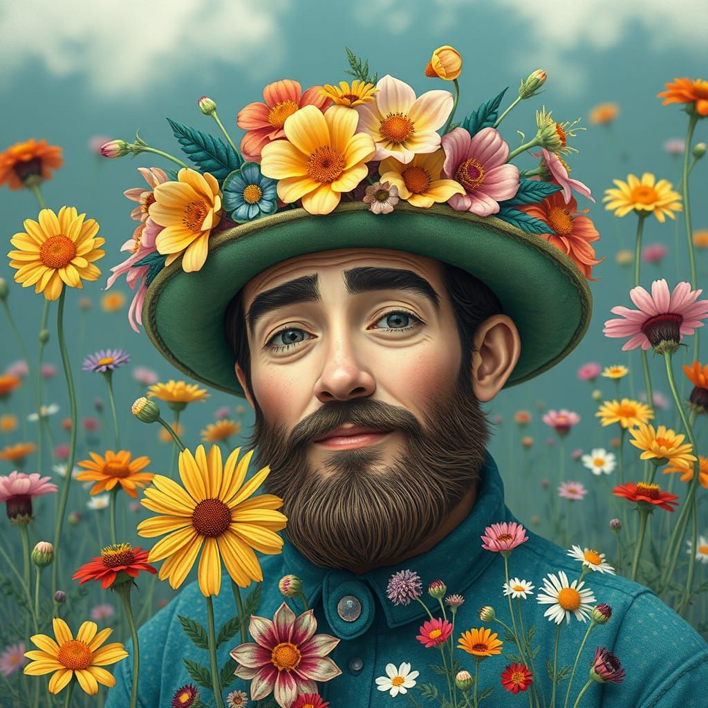 Whimsical Floral Man in a Surreal Garden