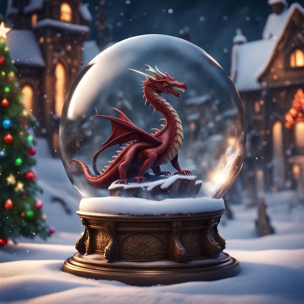Dragon Christmas Snow Globe in Detailed Digital Art