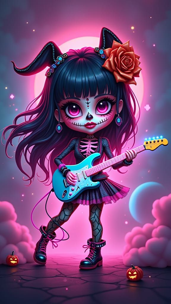 Chibi Sugar Skull Diva in Synthwave Style
