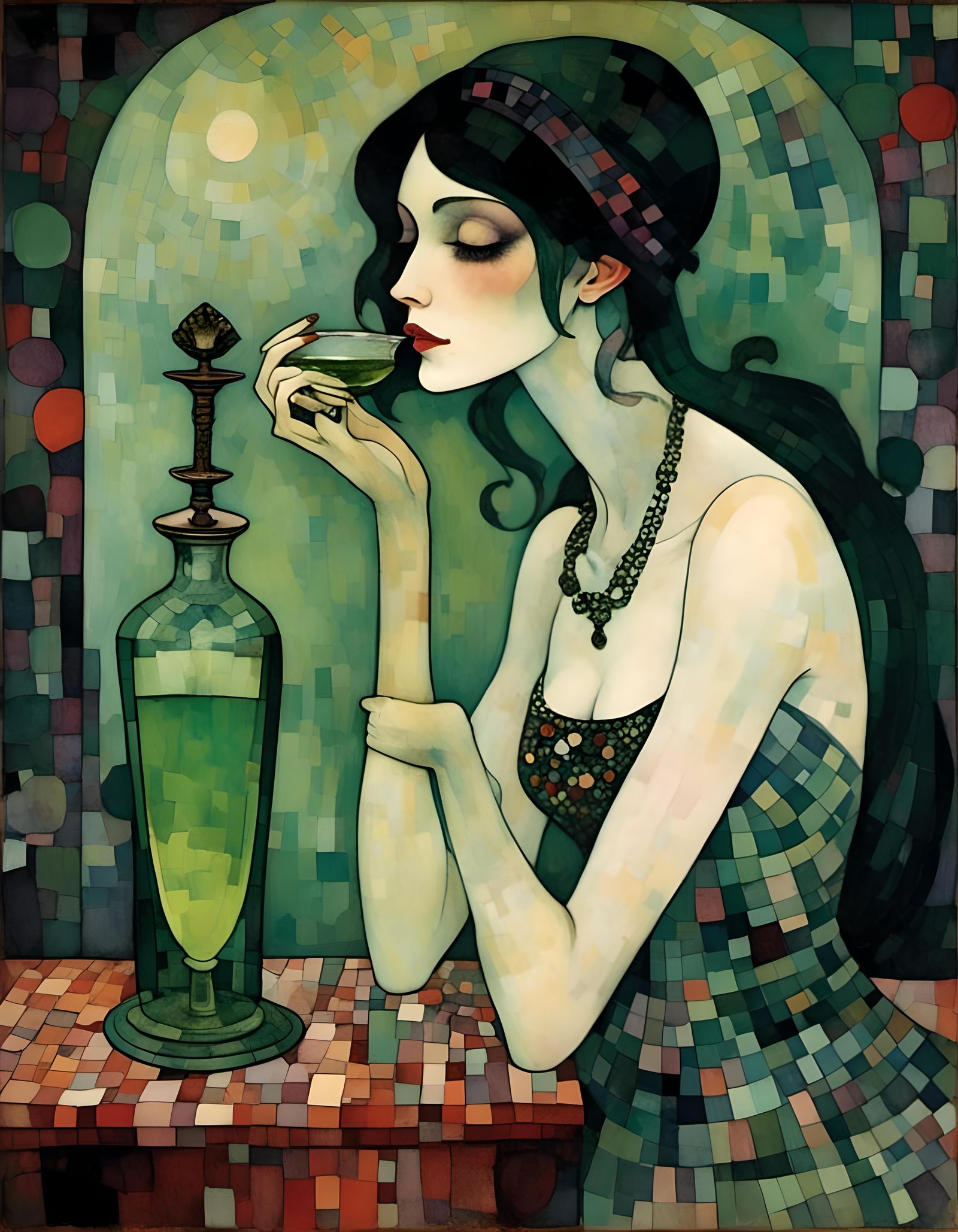 Absinthe and Vampiric Woman in Gothic Setting