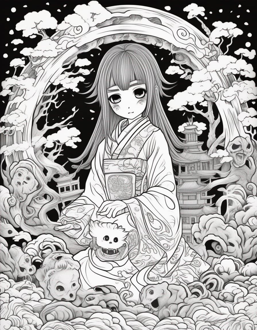 Creepy Kawaii Japanese Ghost Story Coloring Page