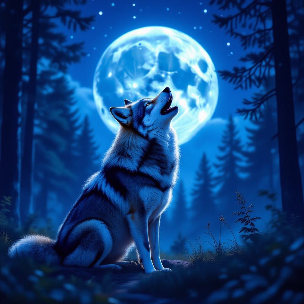 Wolf Howling at Moon with Bioluminescent Sky