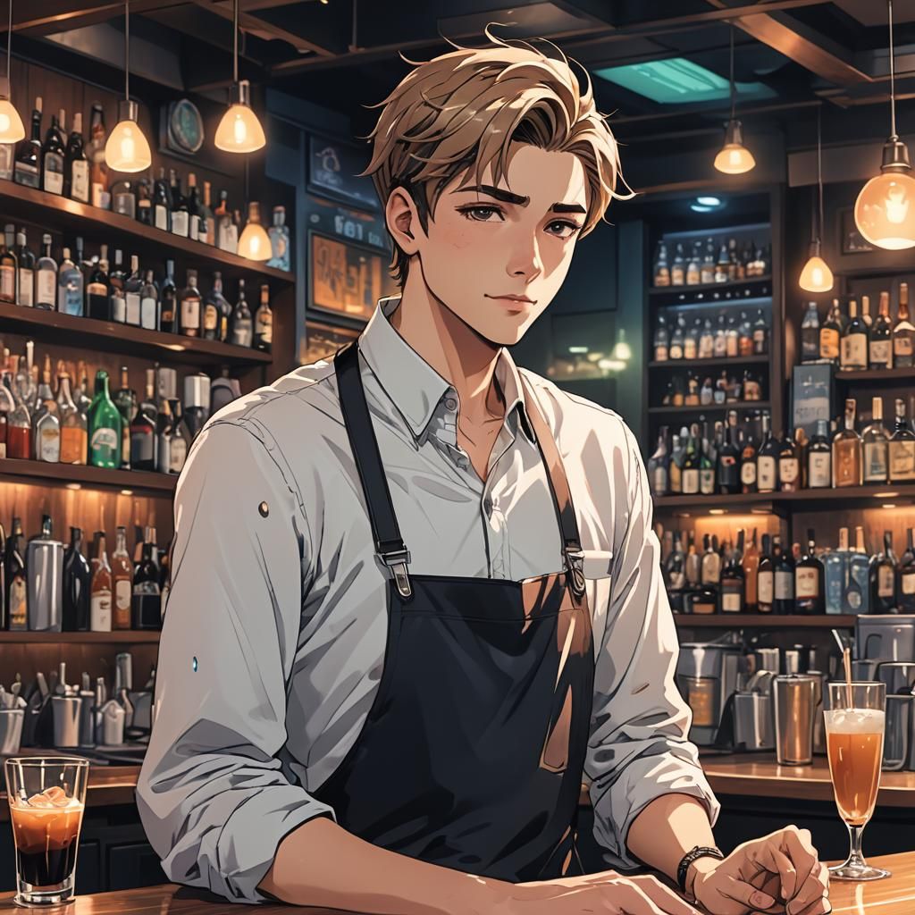Gay Twink Barista at Club Bar in Anime Style