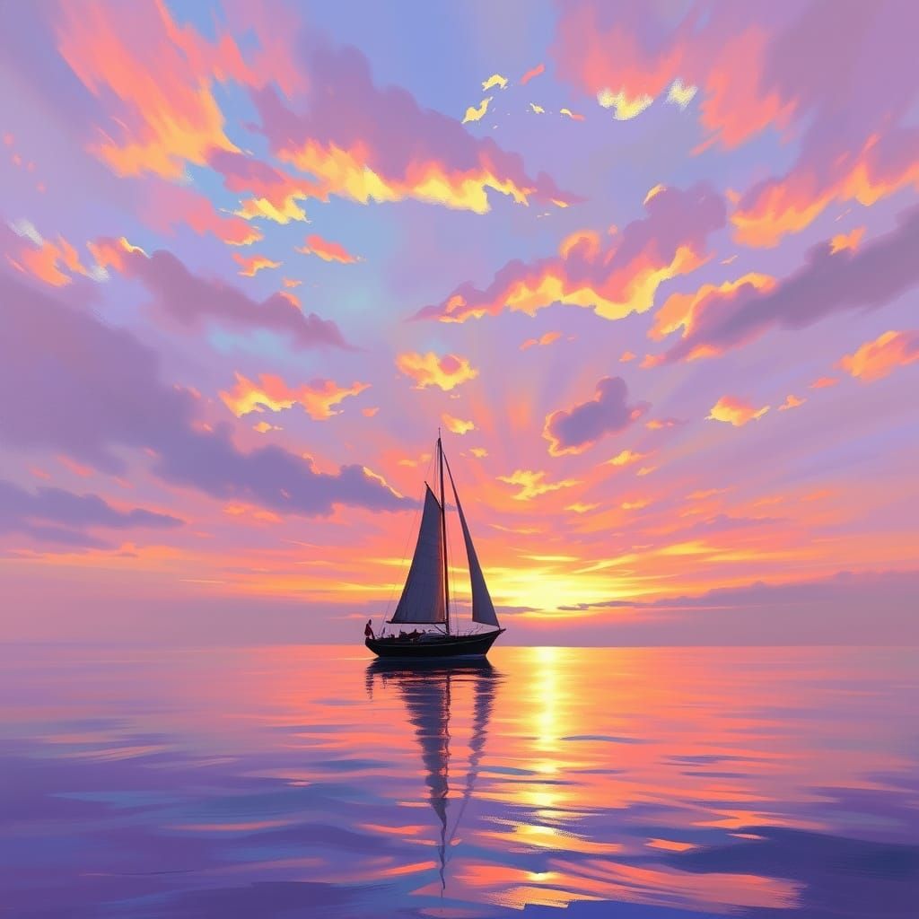 Ketch Sails into Twilight: Impressionistic Maritime Painting