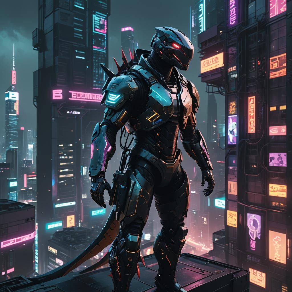 Cyberpunk Dinosaur-Human Hybrid on Skyscraper Roof
