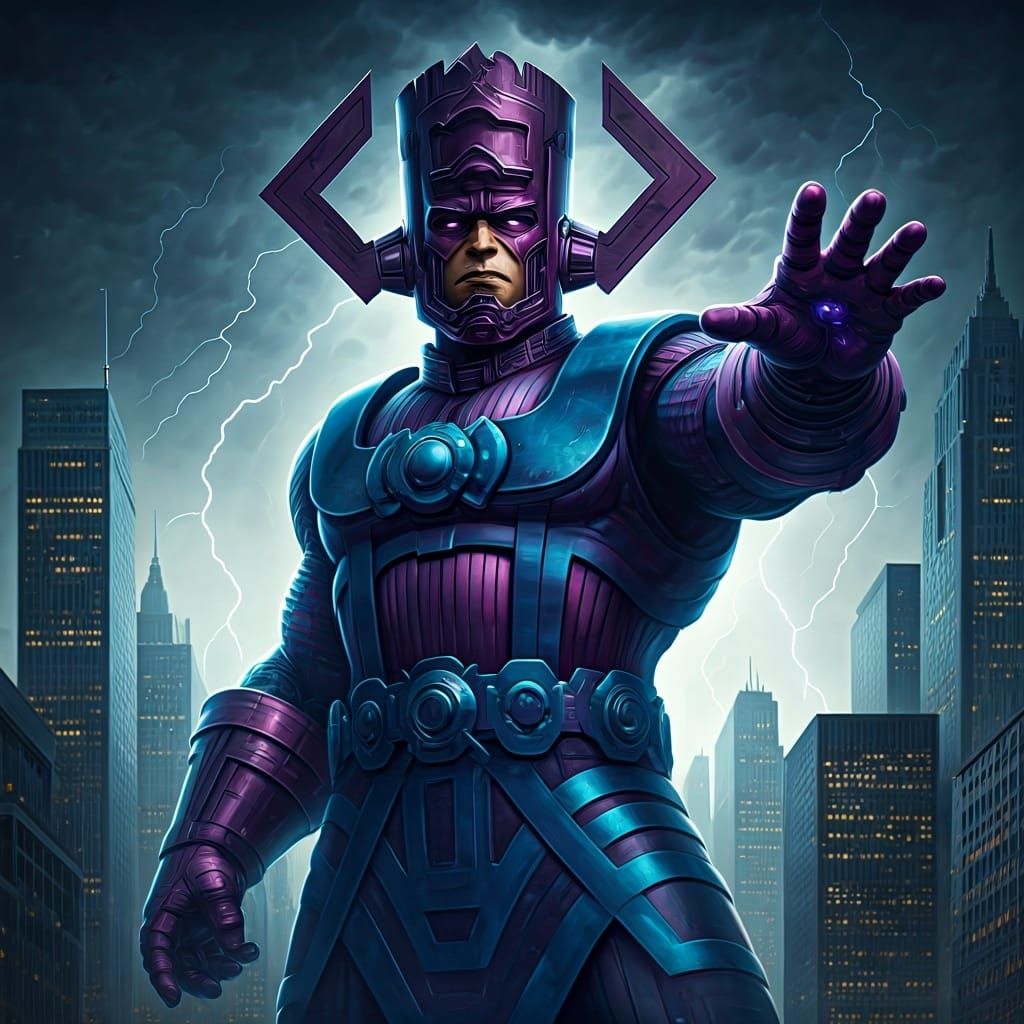Hyperrealistic Galactus Amidst Stormy Skyscrapers