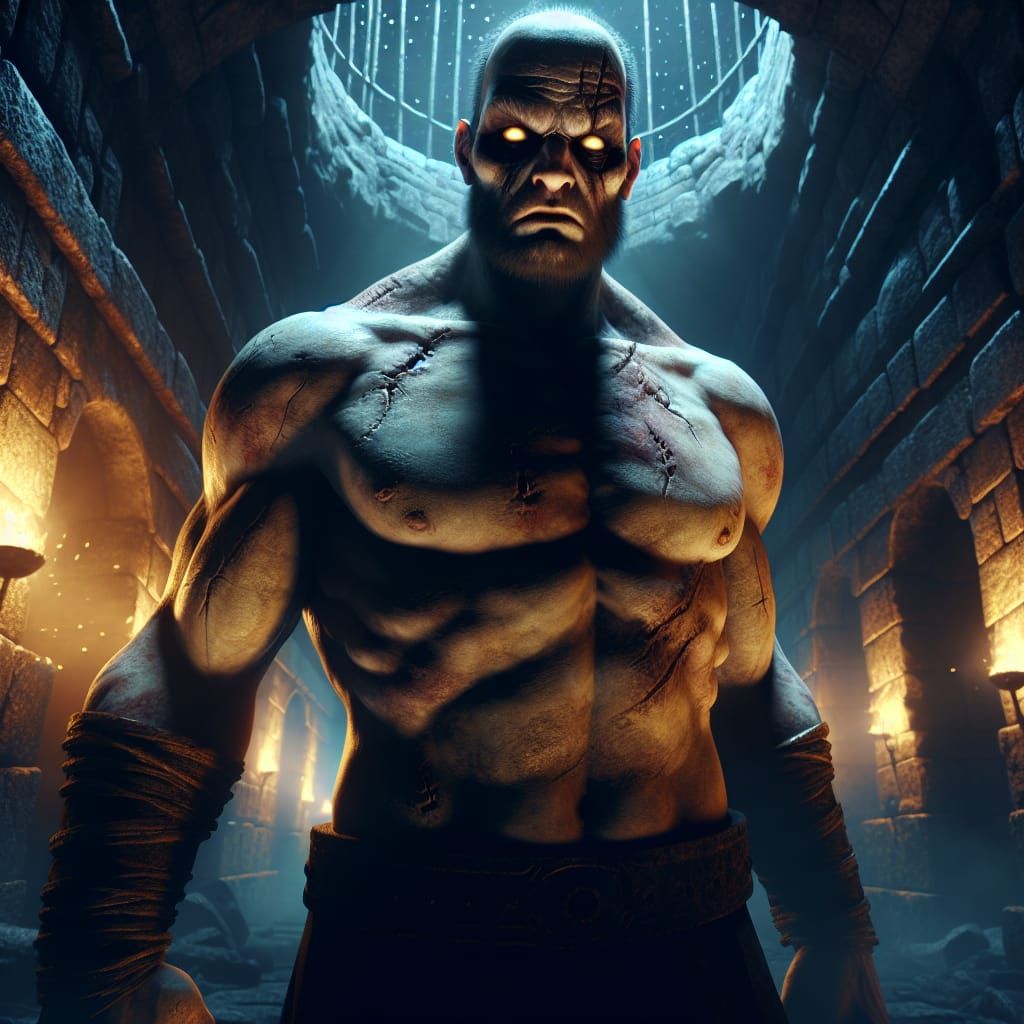 Dark Fantasy Zombie Gladiator in Dimly Lit Arena