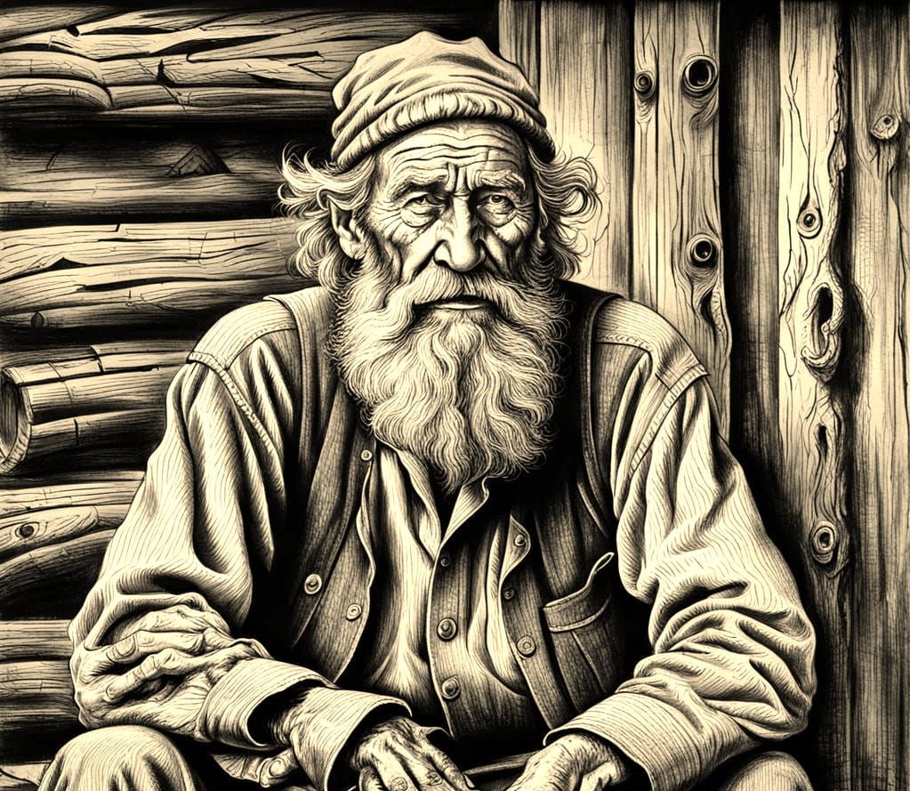Hyperdetailed Charcoal Drawing of Old Mountain Man