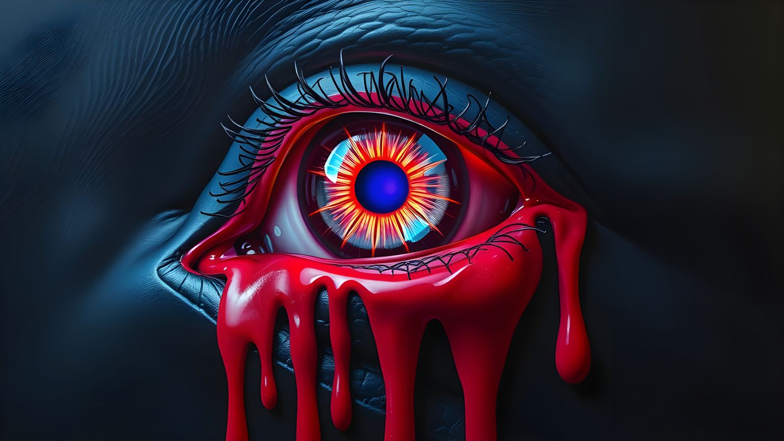 Hyperrealistic Eye in Neon Hologram Canvas with Crimson Slim...