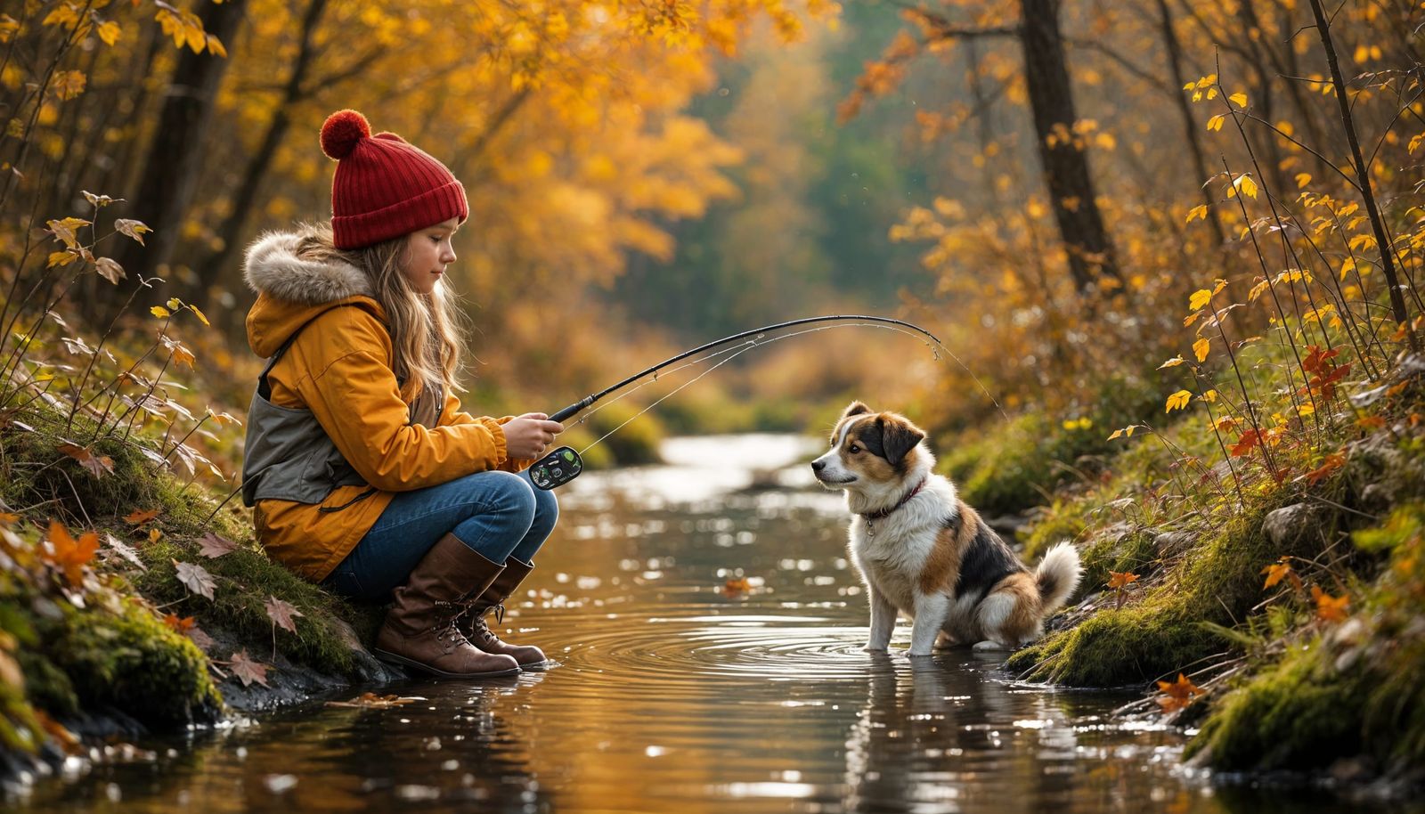 Girl and Dog Fishing in Autumn Creek