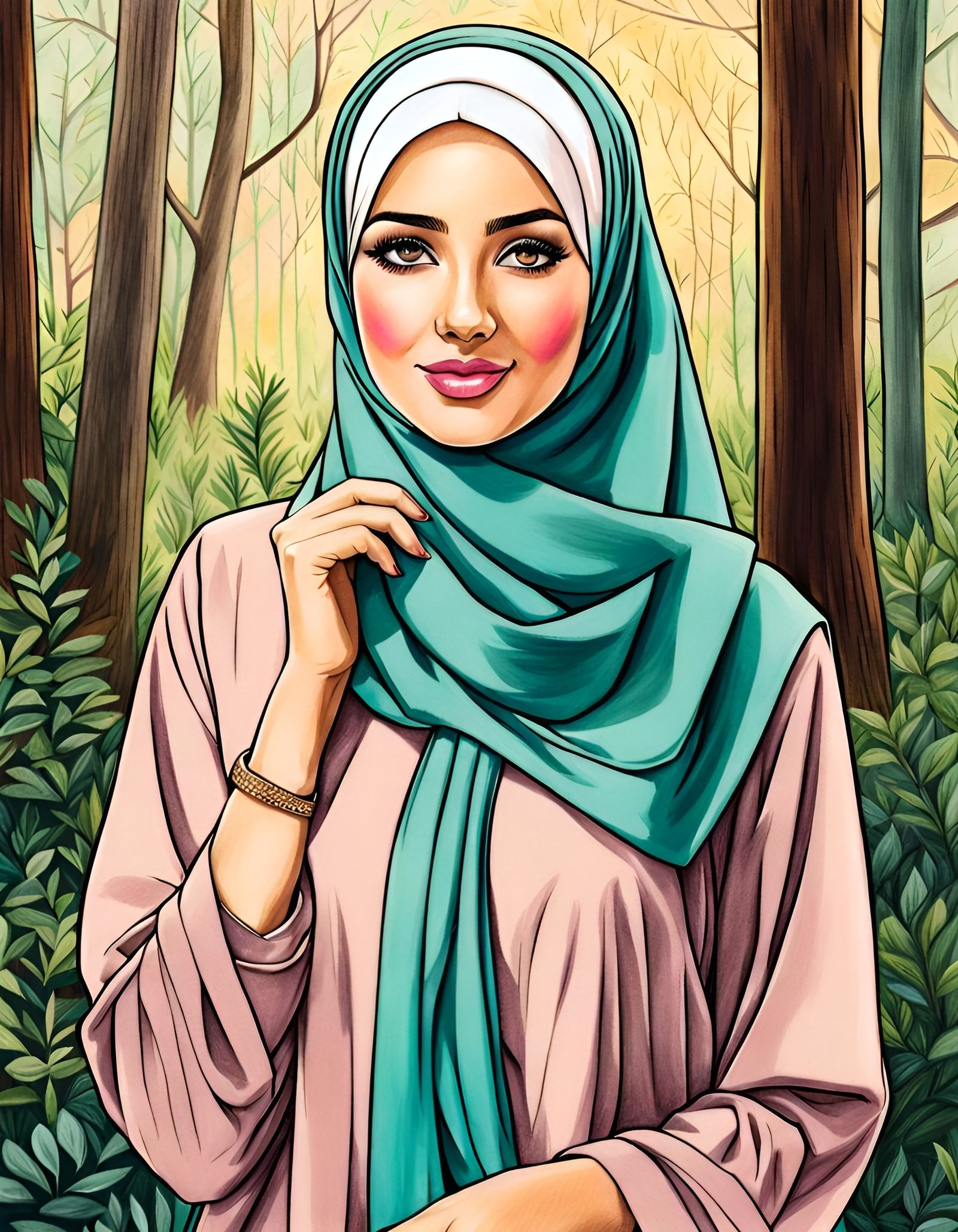 Cute Woman in Hijab Color Pencil and Ink Drawing