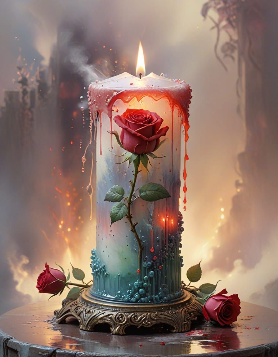 Ethereal Rose Grows from Melting Candle in Watercolour