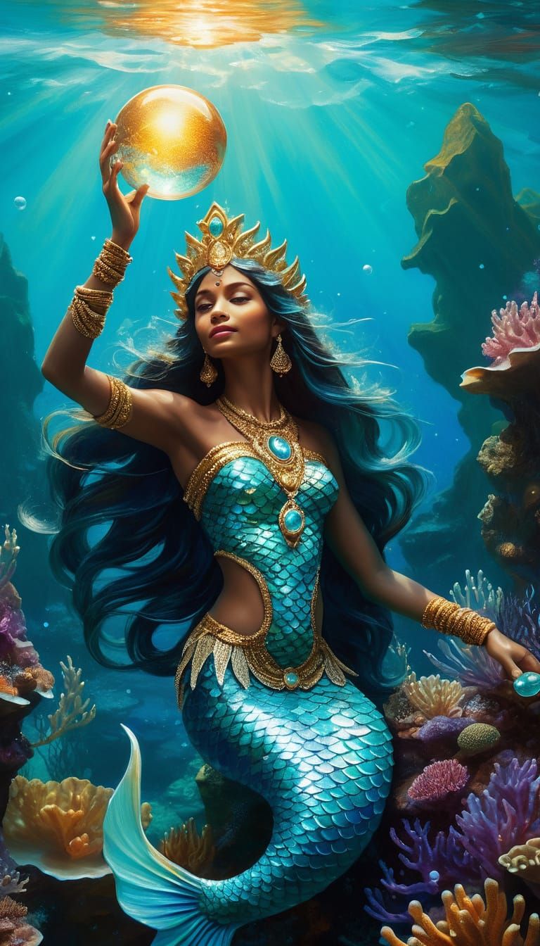 Indian Mermaid Queen in Ethereal Oil Painting