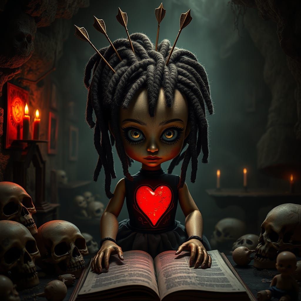 Surreal Voodoo Doll Confronts Dark Magic in Haunting Cavern