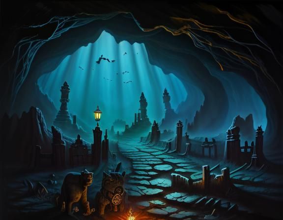 Mystical Ancient Cave with Carvings Oil Painting