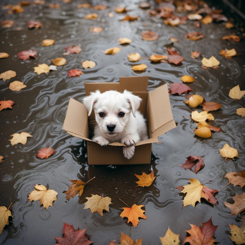 Heart-wrenching Puppy in Rain: Photorealistic Film Still