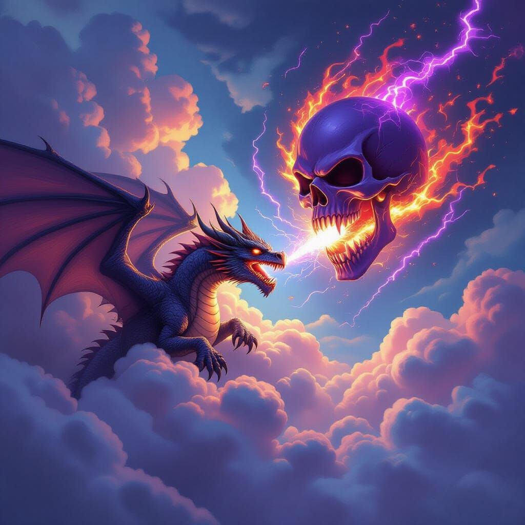 Dragon Tumbles as Fiery Skull Approaches in Dark Fantasy Art