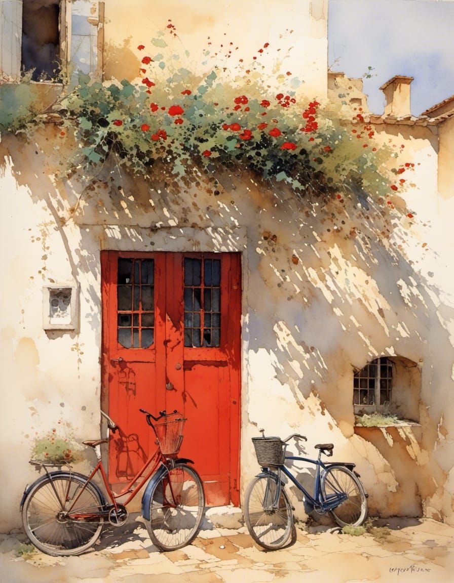 Vintage Red Door and Bicycle on White Background