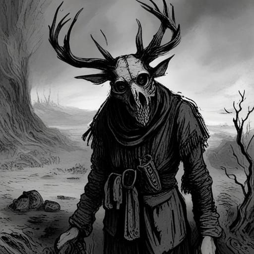 Swamp Sprite with Deer Skull in Horror Art Style