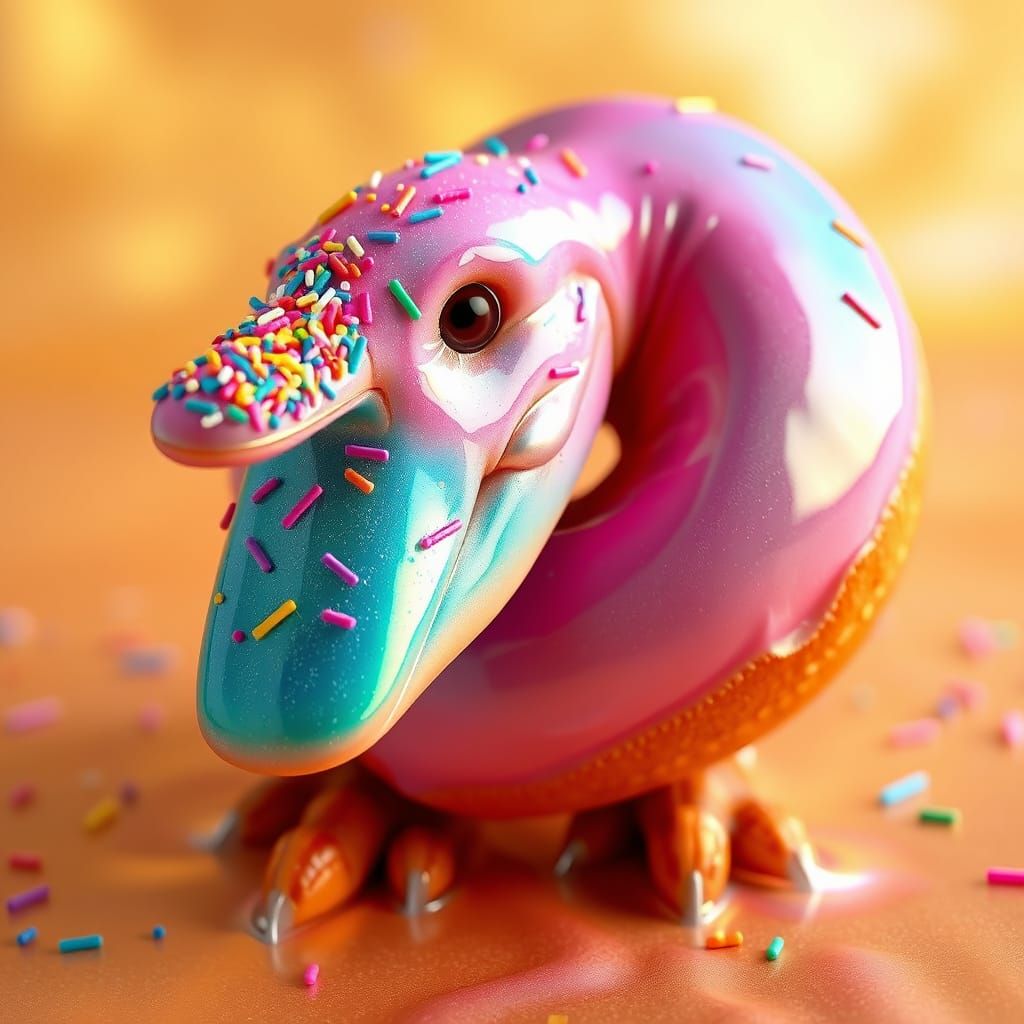 Surreal Platypus-Donut Hybrid in Vibrant Dreamlike Landscape
