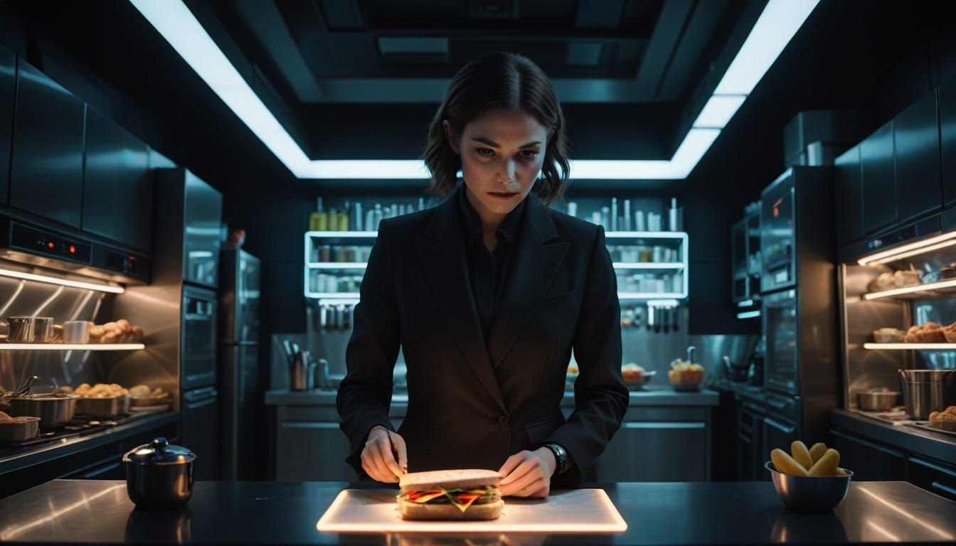 Mysterious Agent Makes Sandwich in Neon-Lit Sci-Fi Kitchen