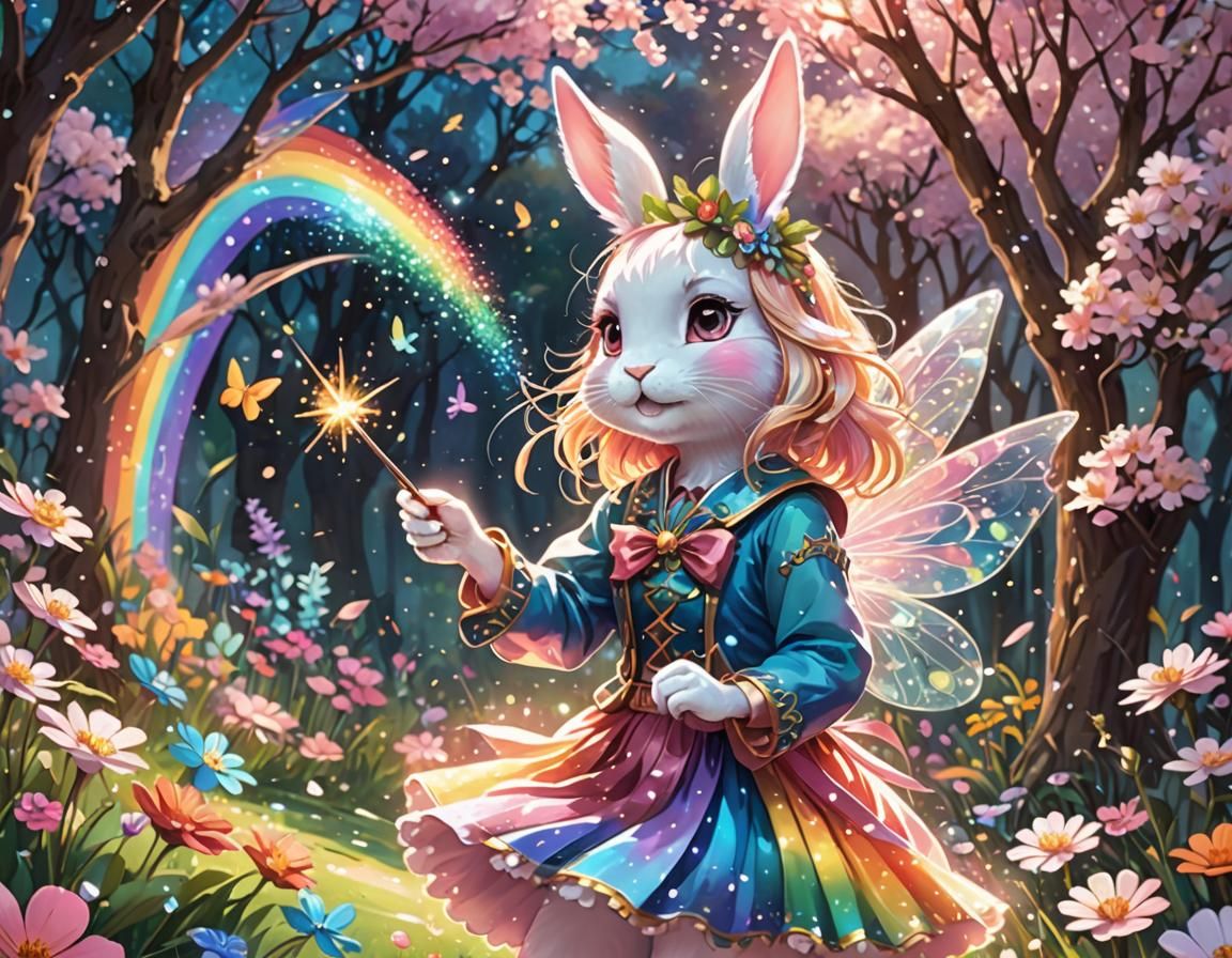 Anime Fairy Rabbit Creates Rainbows in Garden