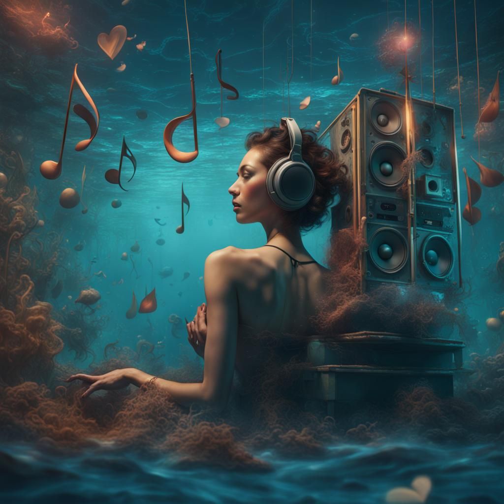 Underwater Carnival: Surreal Woman and Floating Music
