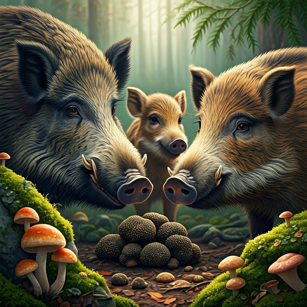 Wild Boar Family Discovers Truffle Mushrooms in a Lush Fores...