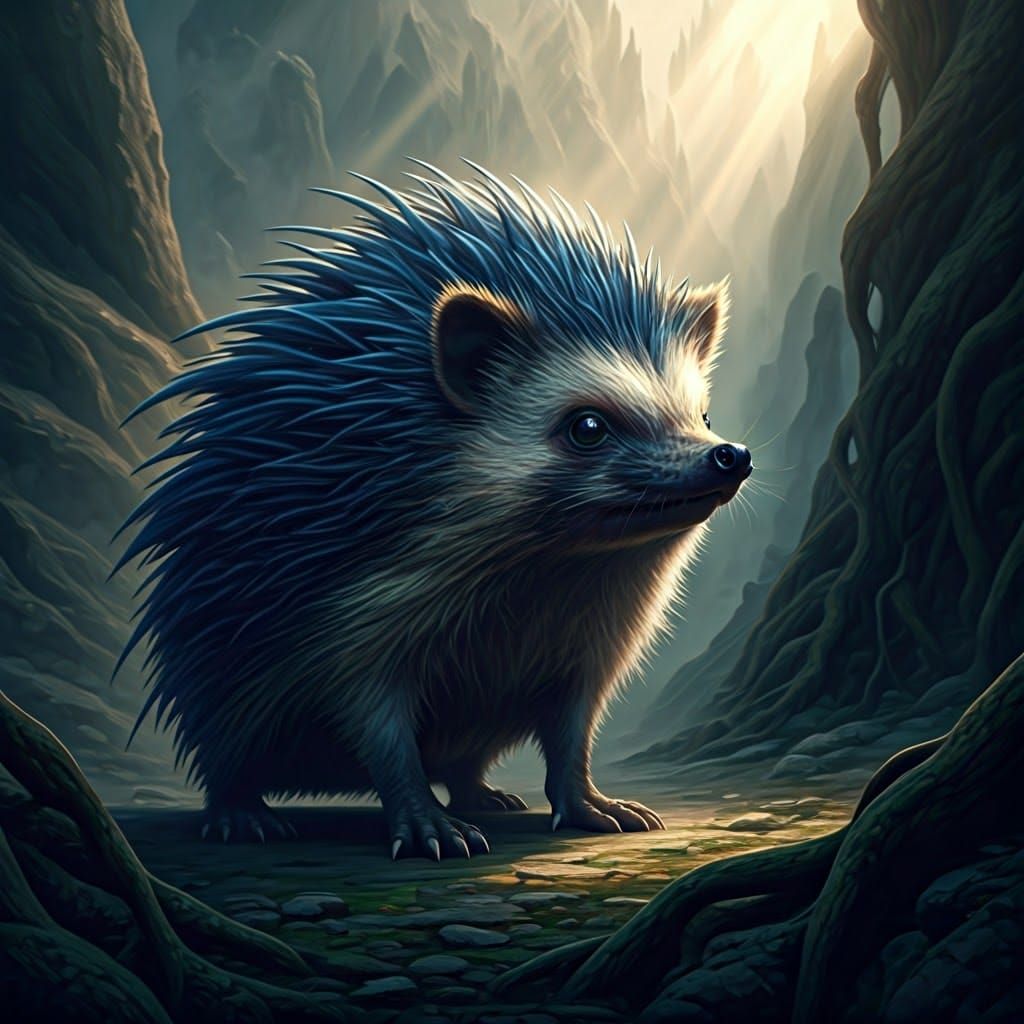 Iridescent Blue Hedgehog in Whimsical Fantasy Landscape