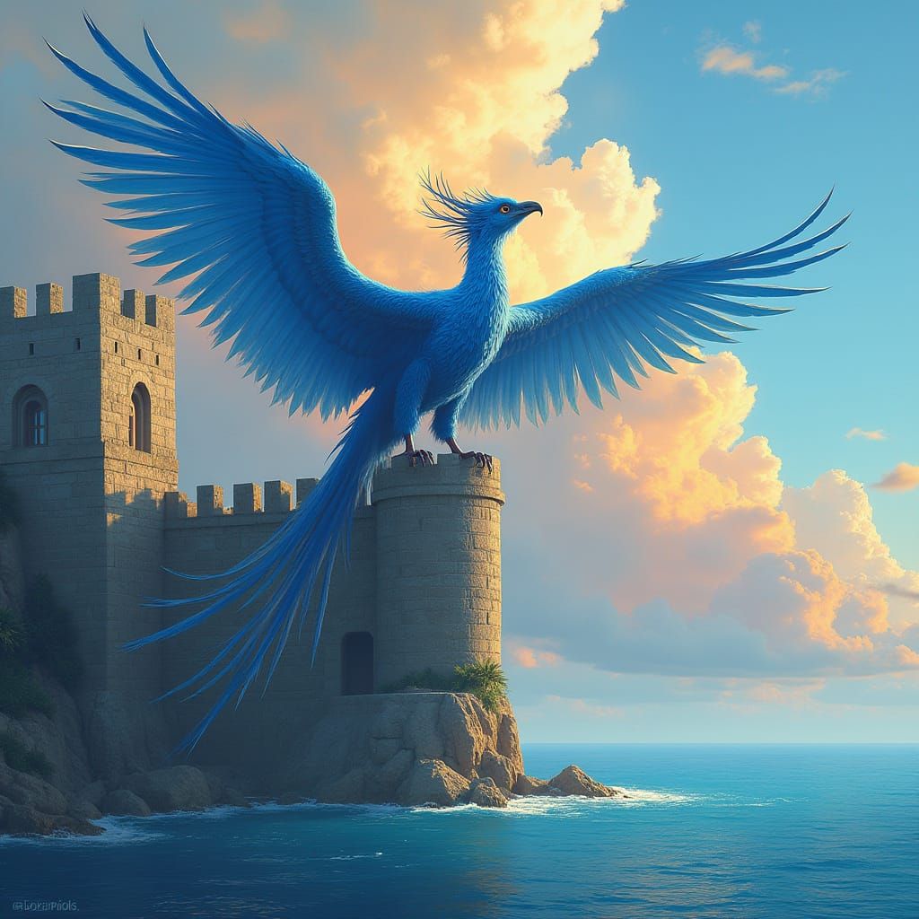 Majestic Blue Phoenix Ascends into Sky from Gothic Art Nouve...